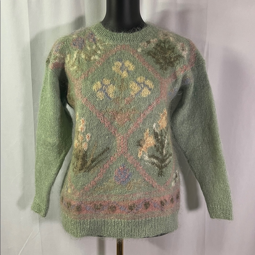 Vintage Melbourne Elements Green Floral Mohair Wool  Blend Crewneck Sweater